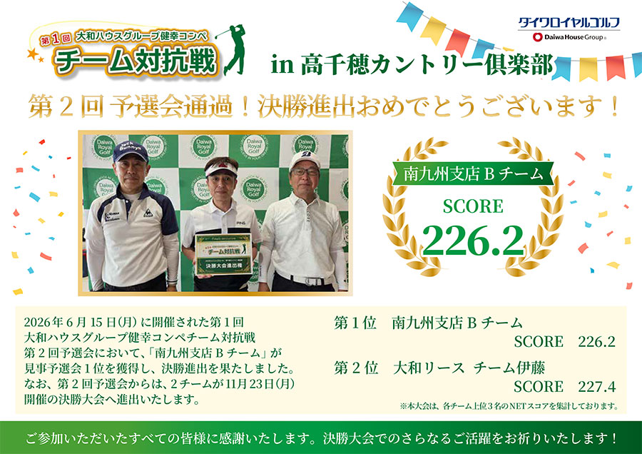 「第1回 大和ハウスグループ健幸コンペ チーム対抗戦 第2回予選会」の結果