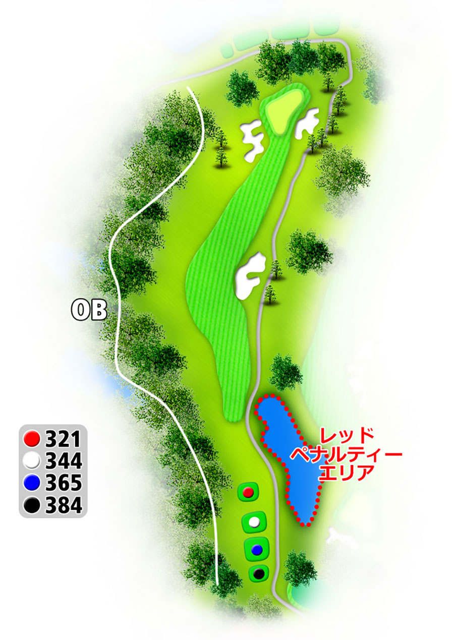タートルエースゴルフ倶楽部OUTコースHOLE1のコースレイアウト